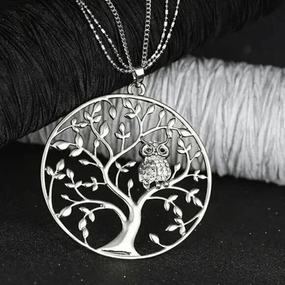 Silver Tree Of Life Diamond Owl Pendant Triple Chain Necklace